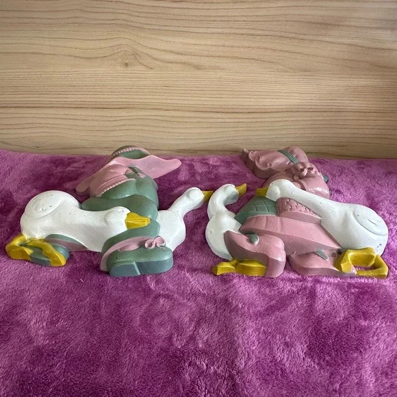 Vintage Wall Decor Boy Girl Riding Geese Figurines Pink Green Yellow Set - Picture 7 of 9